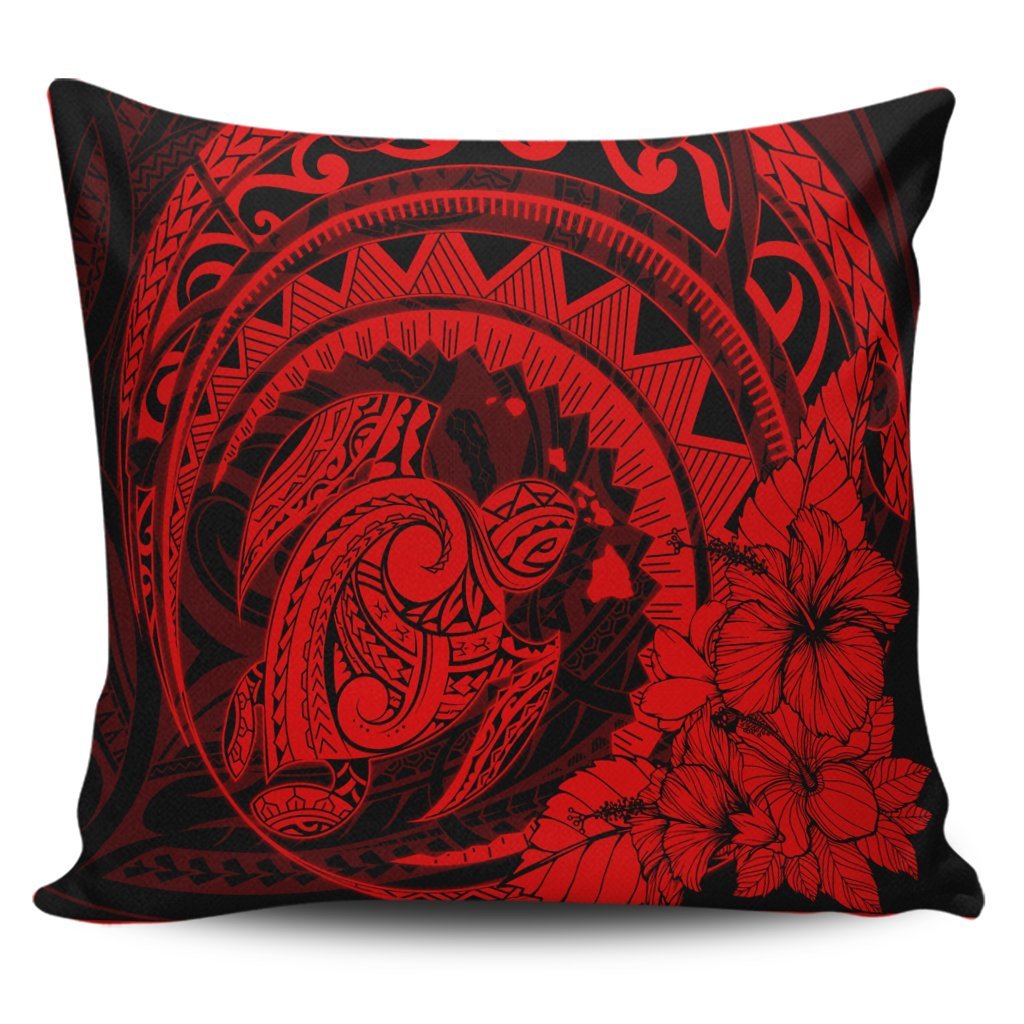 Hawaiian Kanaka Honu Map Hibiscus Globular Polynesian Red Pillow Covers - AH Pillow Covers Black - Polynesian Pride