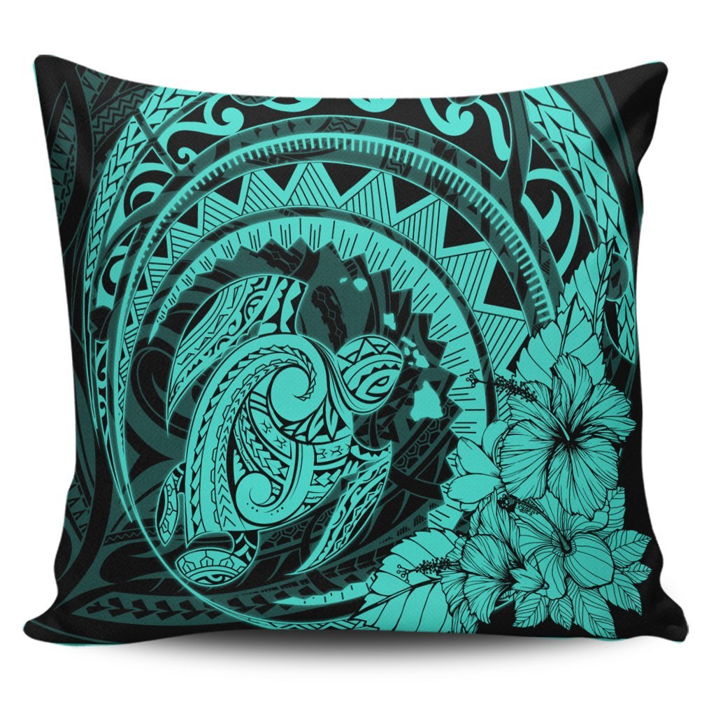 Hawaiian Kanaka Honu Map Hibiscus Globular Polynesian Turquoise Pillow Covers - AH Pillow Covers Black - Polynesian Pride