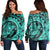 Hawaiian Kanaka Honu Map Hibiscus Globular Polynesian Turquoise Women's Off Shoulder Sweater - AH Black - Polynesian Pride