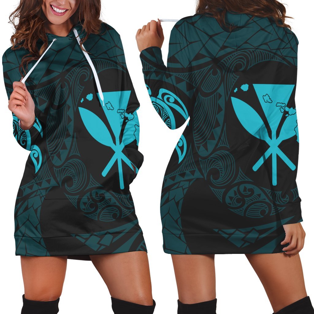 Hawaiian Kanaka Turtle Polynesian Hoodie Dress Blue AH Black - Polynesian Pride