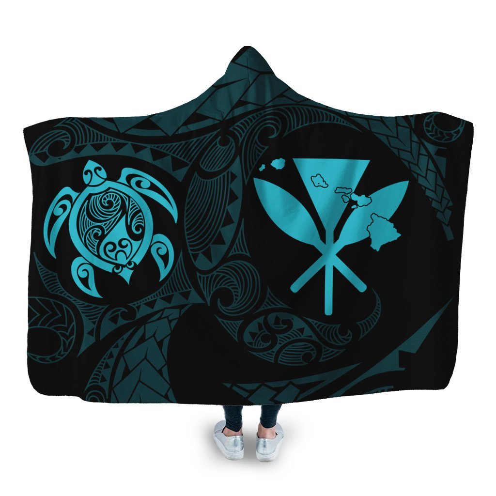 Hawaiian Kanaka Turtle Polynesian Hooded Blanket Blue AH Hooded Blanket White - Polynesian Pride