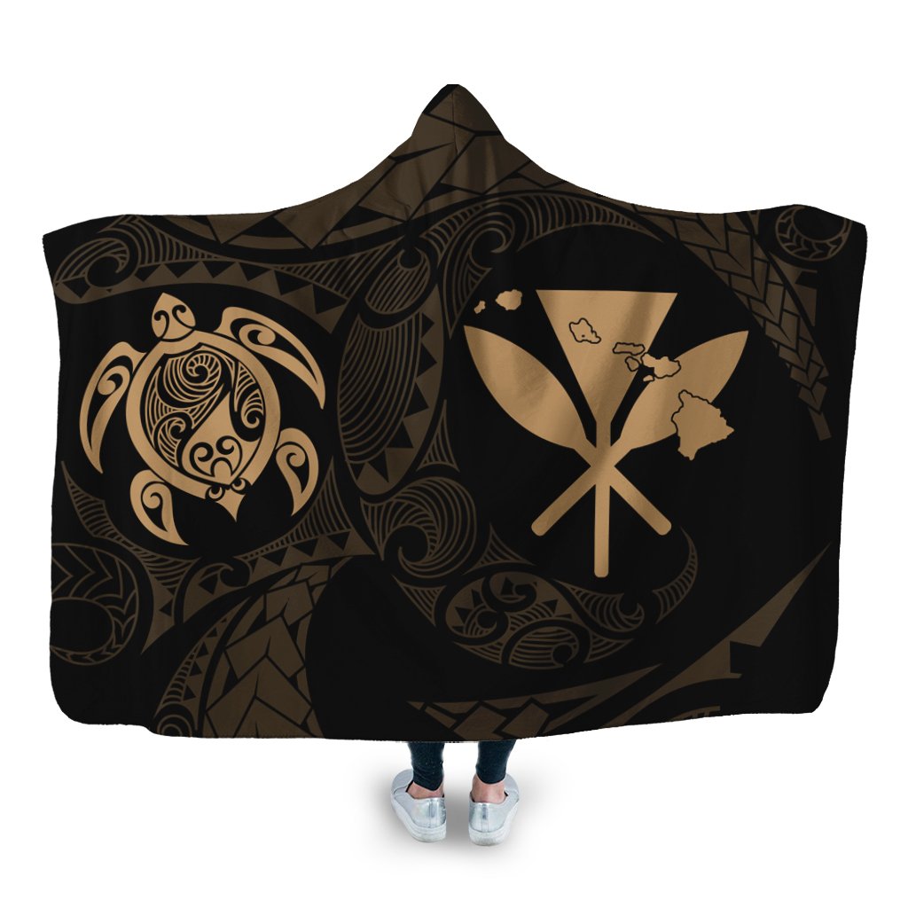 Hawaiian Kanaka Turtle Polynesian Hooded Blanket Gold AH Hooded Blanket White - Polynesian Pride