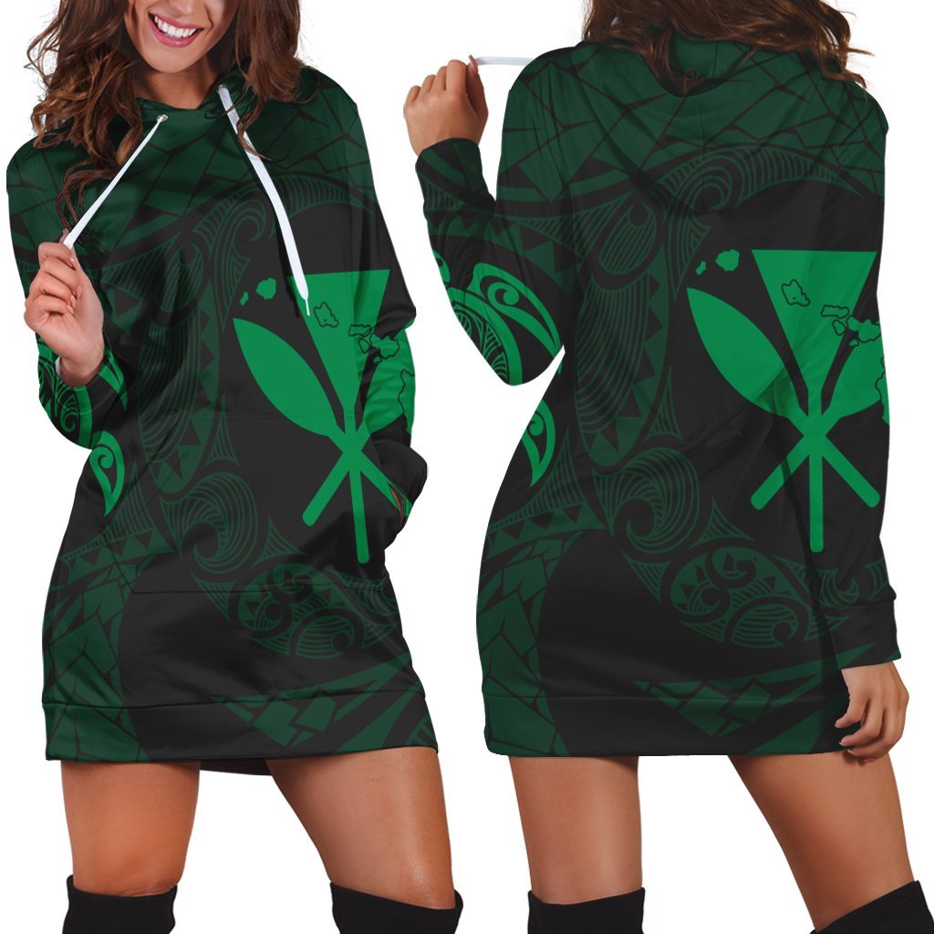 Hawaiian Kanaka Turtle Polynesian Hoodie Dress Green AH Black - Polynesian Pride