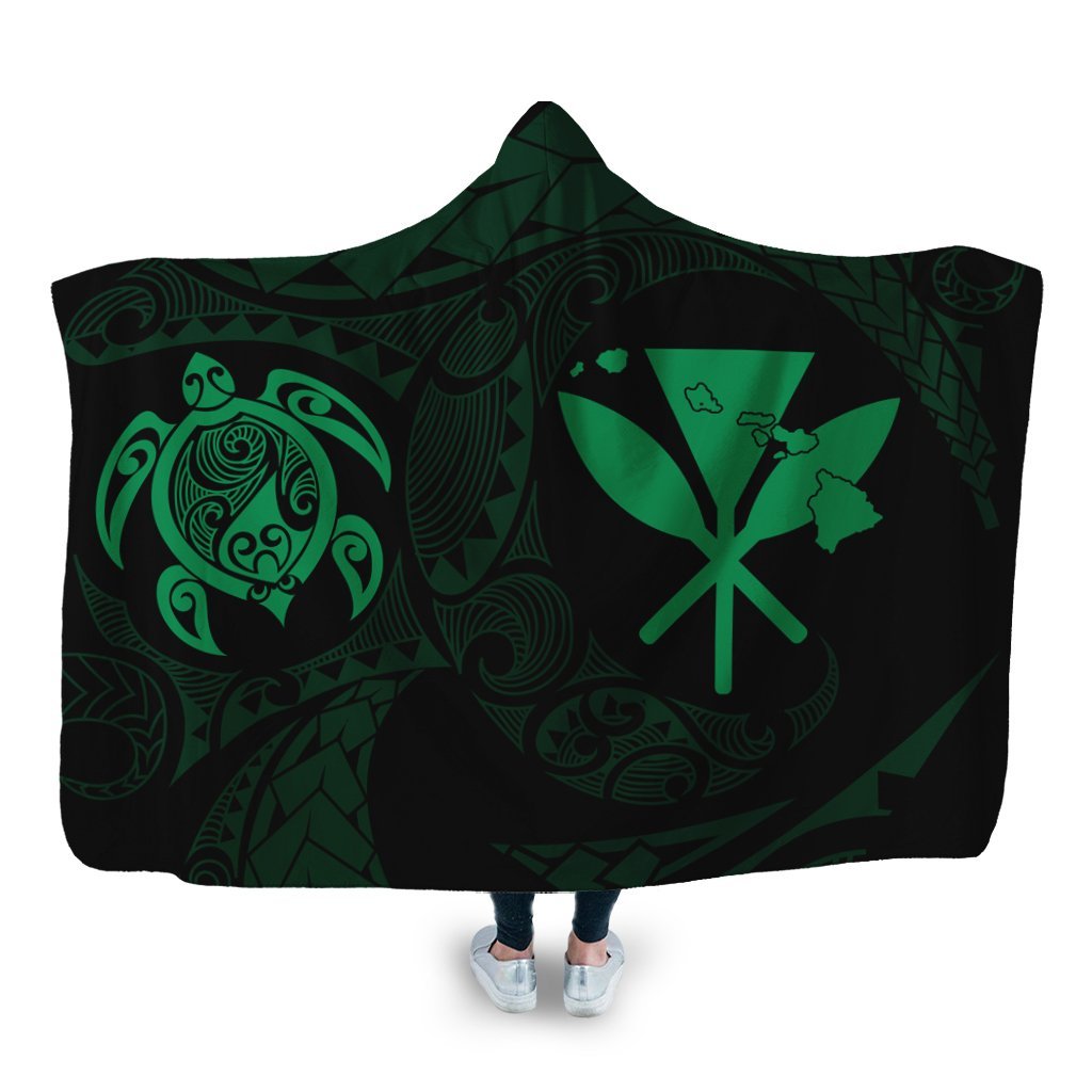 Hawaiian Kanaka Turtle Polynesian Hooded Blanket Green AH Hooded Blanket White - Polynesian Pride