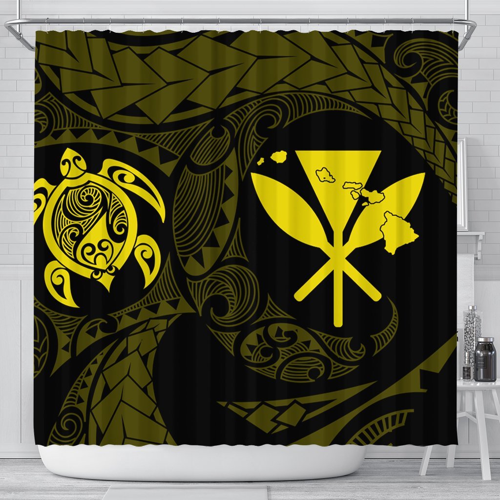 Hawaiian Kanaka Turtle Polynesian Shower Curtain Yellow AH 177 x 172 (cm) Black - Polynesian Pride