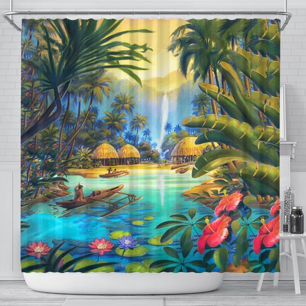 Hawaiian Living In Aboriginal Village Shower Curtain - AH 177 x 172 (cm) Black - Polynesian Pride