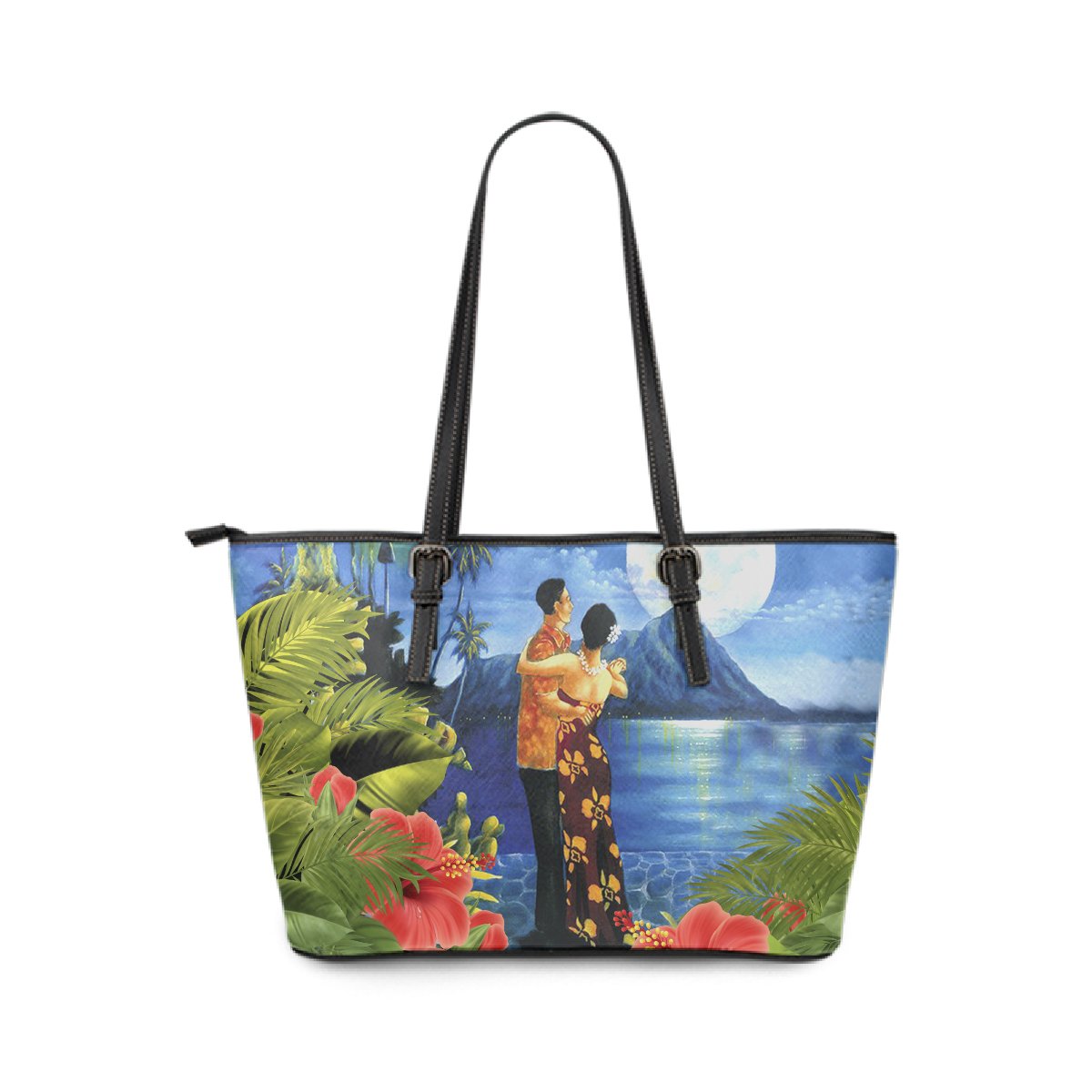 Hawaiian Lover - Couple Dancing Leather Tote - AH Blue - Polynesian Pride