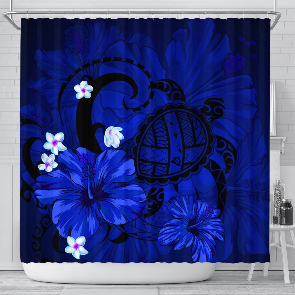 Hawaiian Map Big Turtle Hibiscus Plumeria Tribal Polynesian Shower Curtain - Blue - AH 177 x 172 (cm) Black - Polynesian Pride