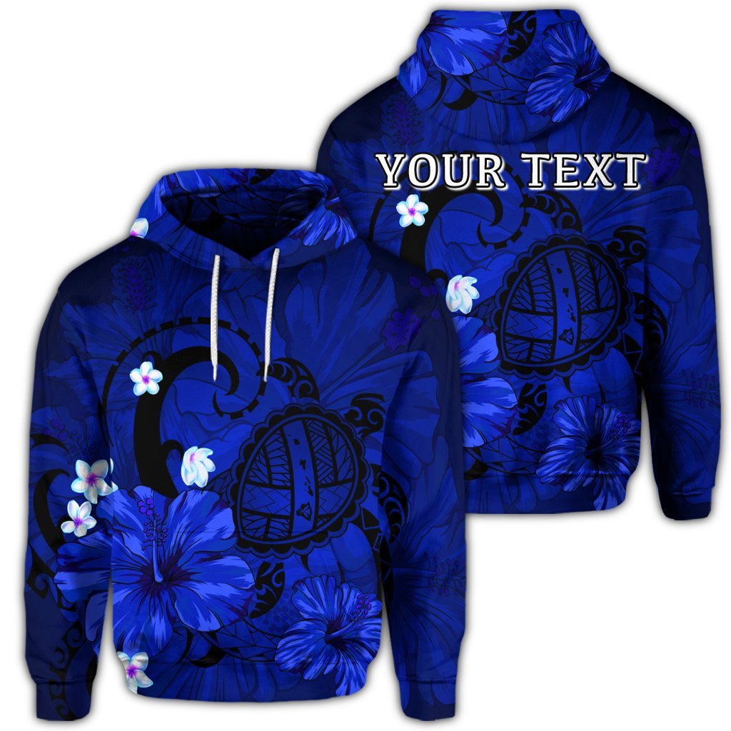 Custom Hawaiian Map Big Turtle Hibiscus Plumeria Tribal Polynesian Hoodie Blue Unisex Art - Polynesian Pride