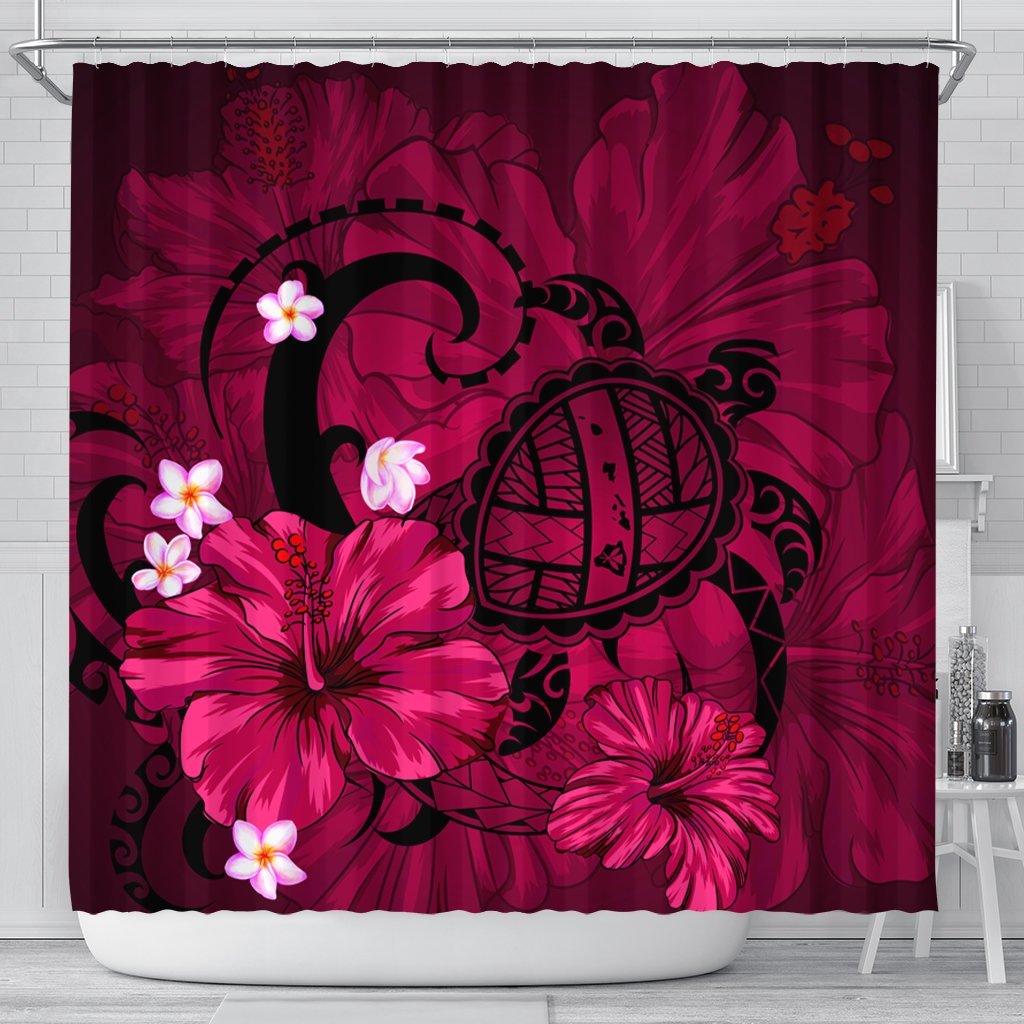 Hawaiian Map Big Turtle Hibiscus Plumeria Tribal Polynesian Shower Curtain - Pink - AH 177 x 172 (cm) Black - Polynesian Pride