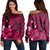 Hawaiian Map Big Turtle Hibiscus Plumeria Tribal Polynesian Women's Off Shoulder Sweater - Pink - AH Black - Polynesian Pride