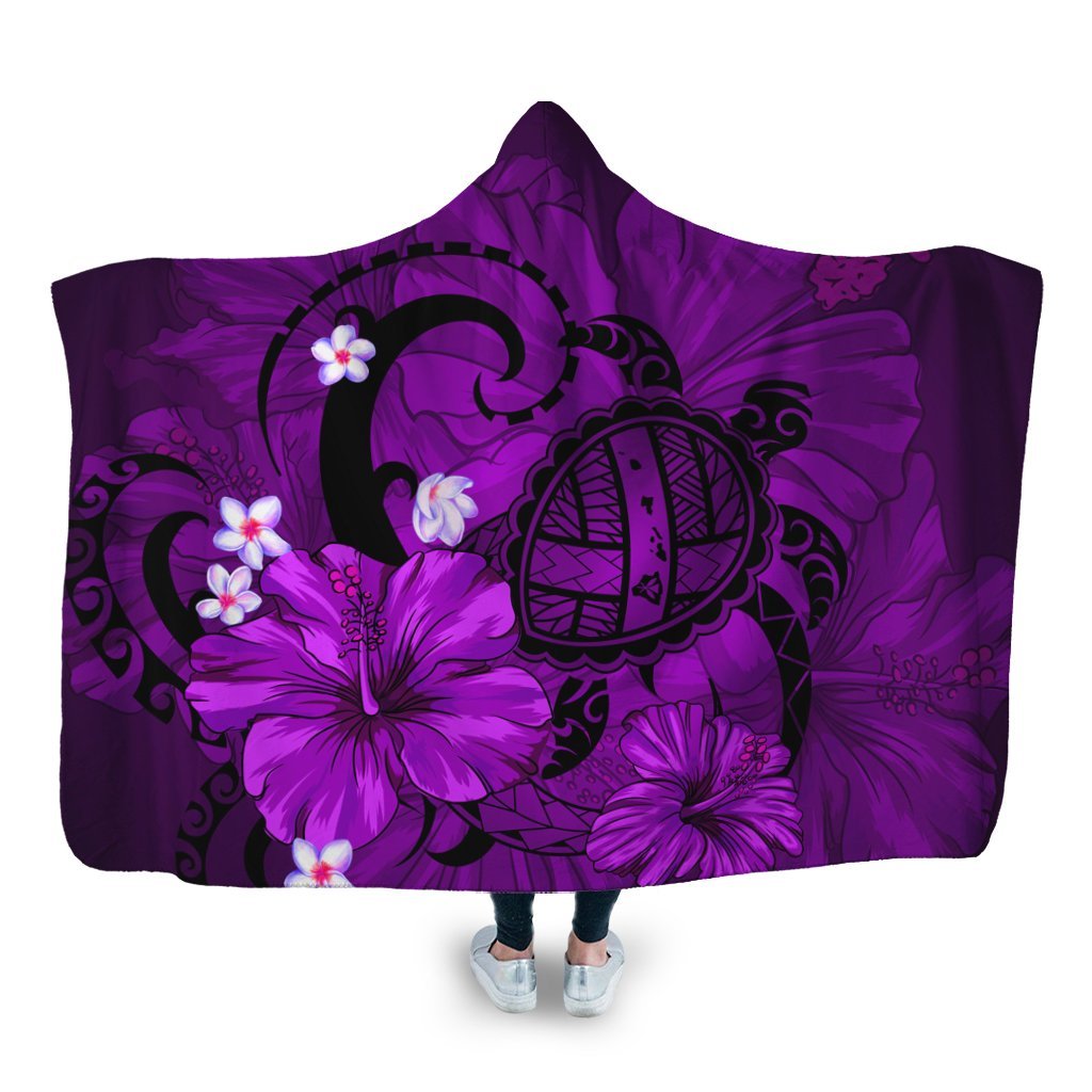 Hawaiian Map Big Turtle Hibiscus Plumeria Tribal Polynesian Hooded Blanket - Purple - AH Hooded Blanket White - Polynesian Pride