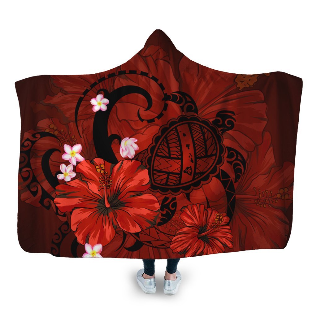 Hawaiian Map Big Turtle Hibiscus Plumeria Tribal Polynesian Hooded Blanket - Red - AH Hooded Blanket White - Polynesian Pride