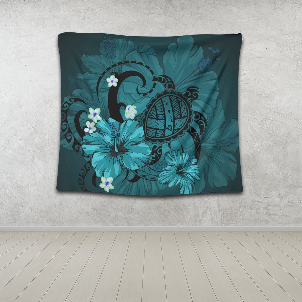 Hawaiian Map Big Turtle Hibiscus Plumeria Tribal Polynesian Tapestry - Turquoise - AH - Polynesian Pride