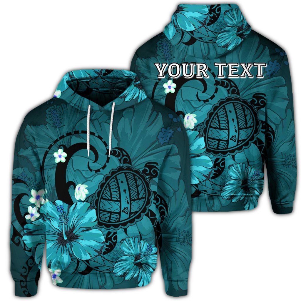 Custom Hawaiian Map Big Turtle Hibiscus Plumeria Tribal Polynesian Hoodie Turquoise Unisex Art - Polynesian Pride