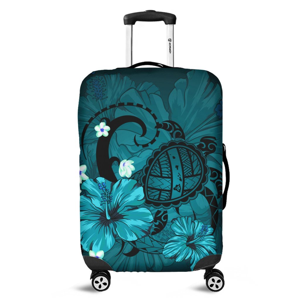 Hawaiian Map Big Turtle Hibiscus Plumeria Tribal Polynesian Luggage Covers - Turquoise Black - Polynesian Pride