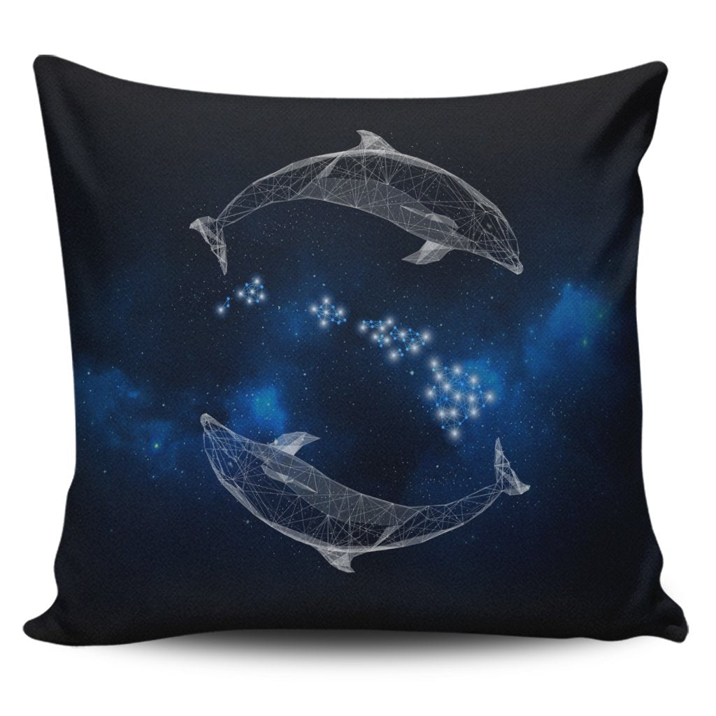 Hawaiian Map Galaxy Zodiac Dolphin White Polynesian Pillow Covers - AH Pillow Covers Black - Polynesian Pride