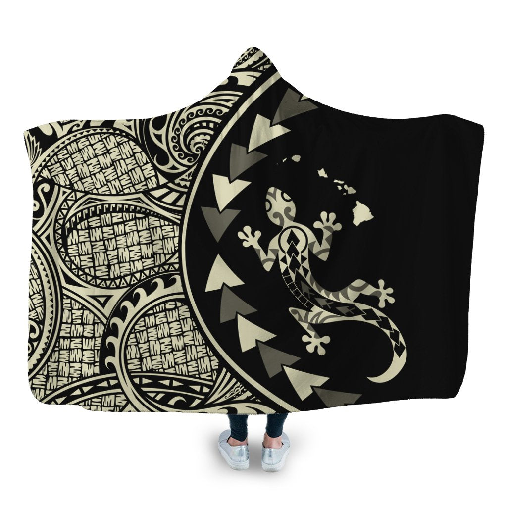 Hawaiian Map Gecko Tattoo Kakau Polynesian Hooded Blanket Beige AH Hooded Blanket White - Polynesian Pride