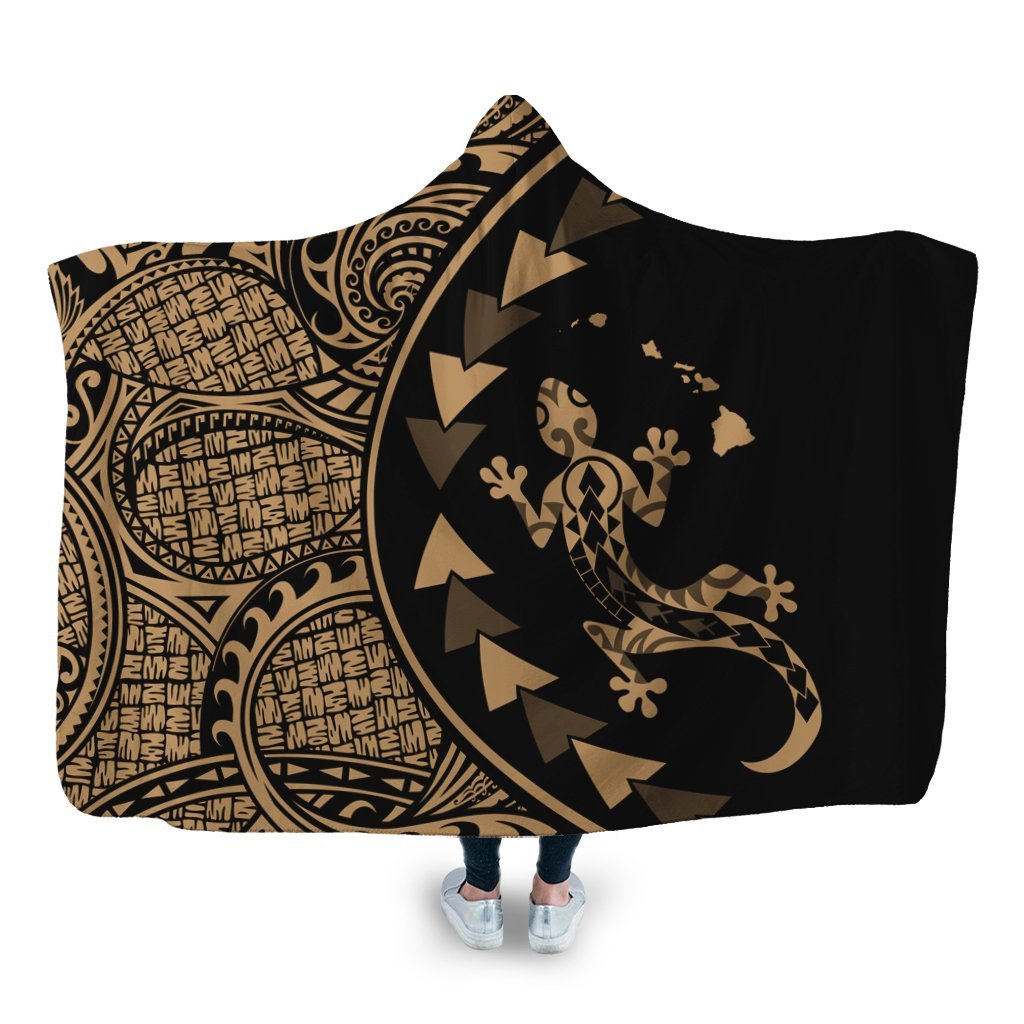 Hawaiian Map Gecko Tattoo Kakau Polynesian Hooded Blanket Gold AH Hooded Blanket White - Polynesian Pride