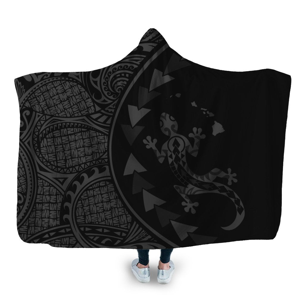 Hawaiian Map Gecko Tattoo Kakau Polynesian Hooded Blanket Gray AH Hooded Blanket White - Polynesian Pride