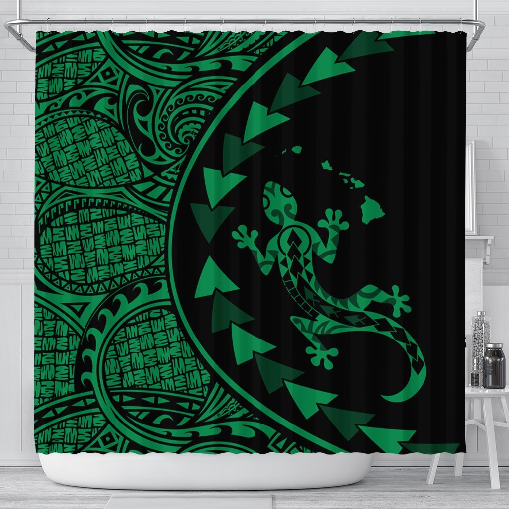 Hawaiian Map Gecko Tattoo Kakau Polynesian Shower Curtain Green AH 177 x 172 (cm) Black - Polynesian Pride