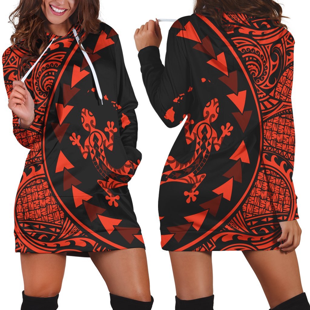 Hawaiian Map Gecko Tattoo Kakau Polynesian Hoodie Dress Orange AH Black - Polynesian Pride