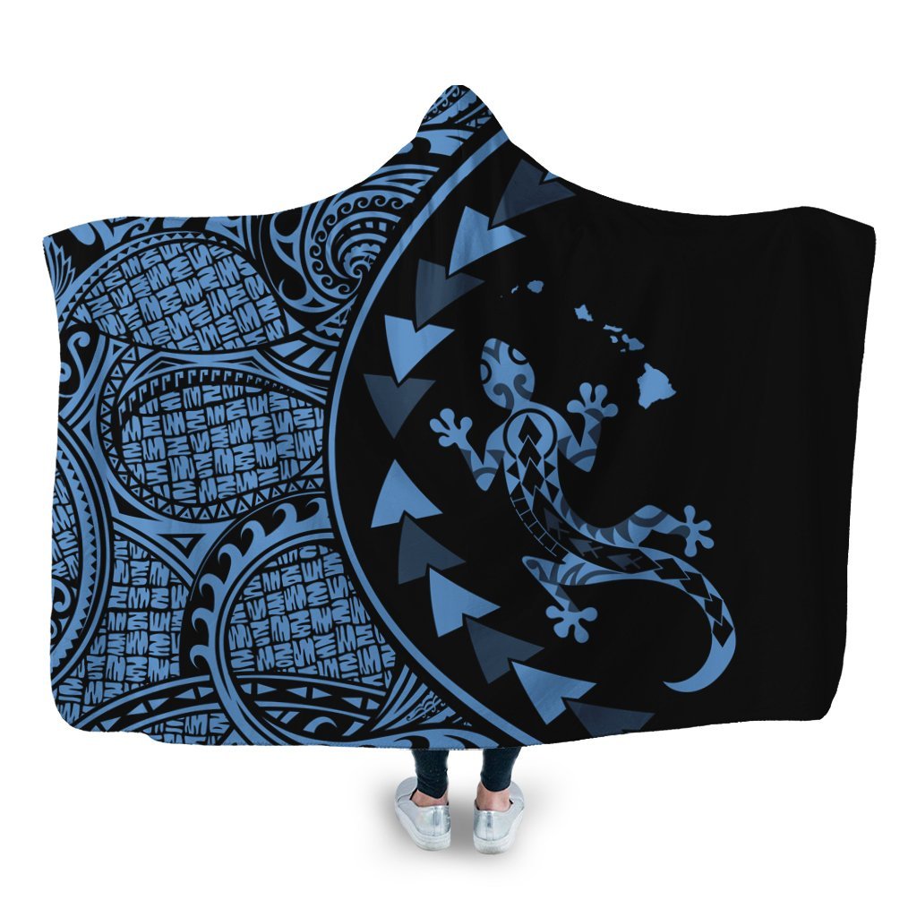 Hawaiian Map Gecko Tattoo Kakau Polynesian Hooded Blanket Pastel Blue AH Hooded Blanket White - Polynesian Pride