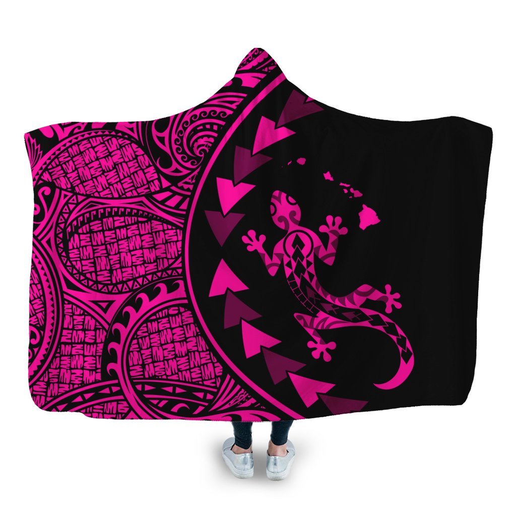 Hawaiian Map Gecko Tattoo Kakau Polynesian Hooded Blanket Pink AH Hooded Blanket White - Polynesian Pride