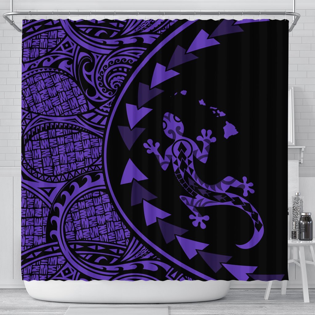 Hawaiian Map Gecko Tattoo Kakau Polynesian Shower Curtain Purple AH 177 x 172 (cm) Black - Polynesian Pride