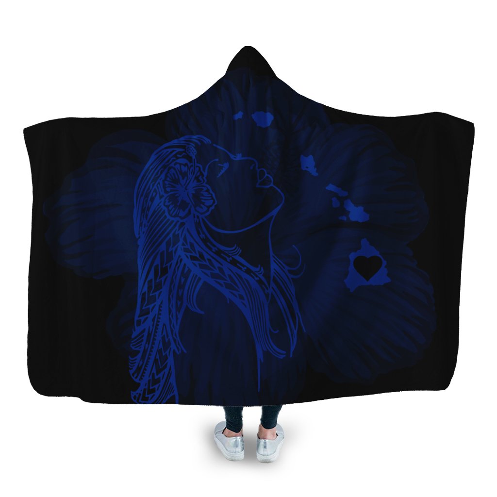 Hawaiian Map Heart Hula Girl Hibiscus Blue Polynesian Hooded Blanket - AH Hooded Blanket White - Polynesian Pride