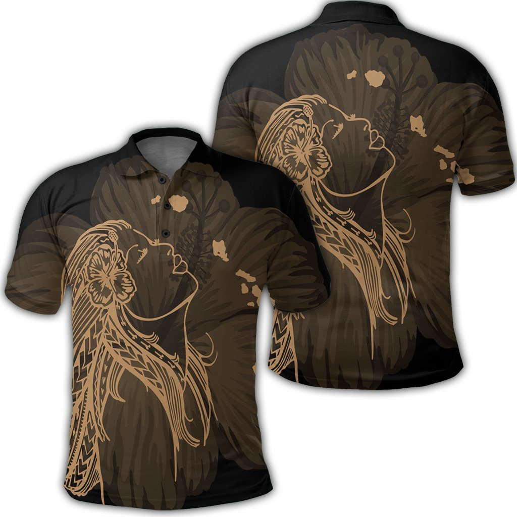 Hawaiian Map Heart Hula Girl Hibiscus Gold Polynesian Polo Shirt Unisex Black - Polynesian Pride