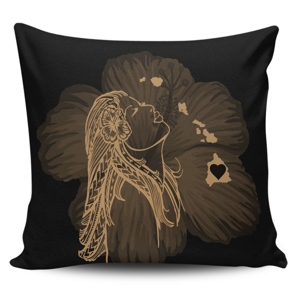 Hawaiian Map Heart Hula Girl Hibiscus Gold Polynesian Pillow Covers - AH Pillow Covers Black - Polynesian Pride