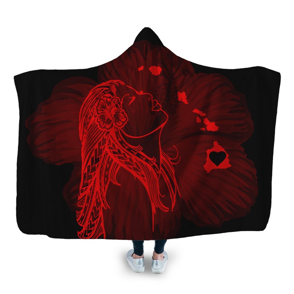 Hawaiian Map Heart Hula Girl Hibiscus Red Polynesian Hooded Blanket - AH Hooded Blanket White - Polynesian Pride