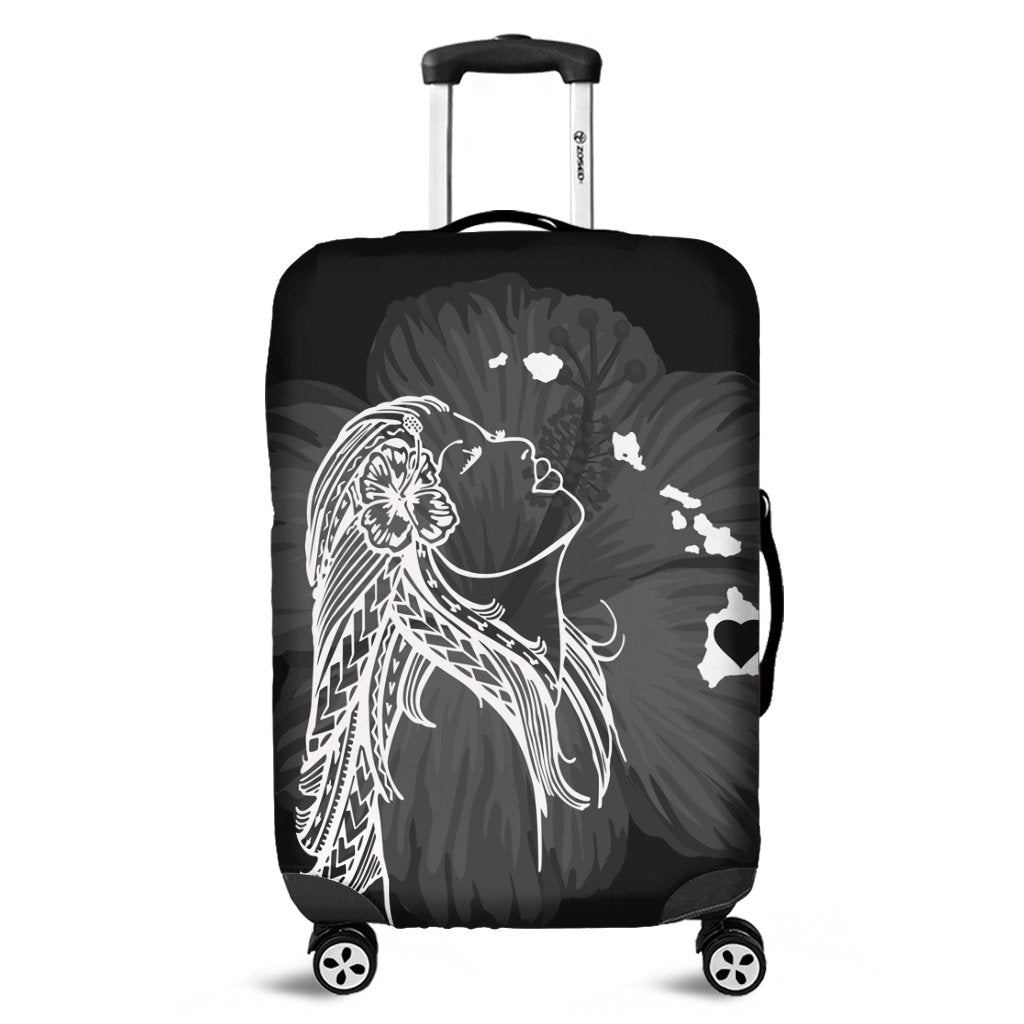 Hawaiian Map Heart Hula Girl Hibiscus White Polynesian Luggage Covers - AH Black - Polynesian Pride