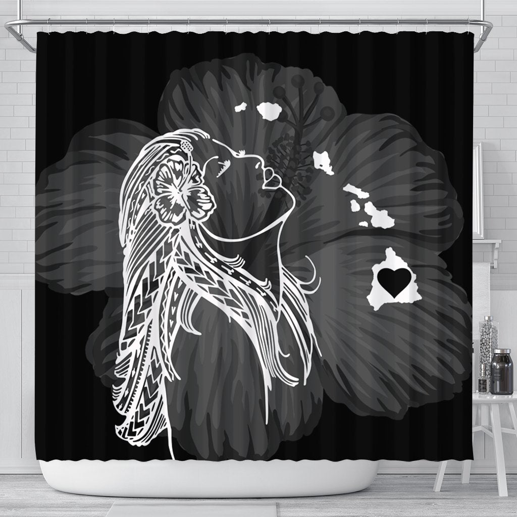 Hawaiian Map Heart Hula Girl Hibiscus White Polynesian Shower Curtain - AH 177 x 172 (cm) Black - Polynesian Pride