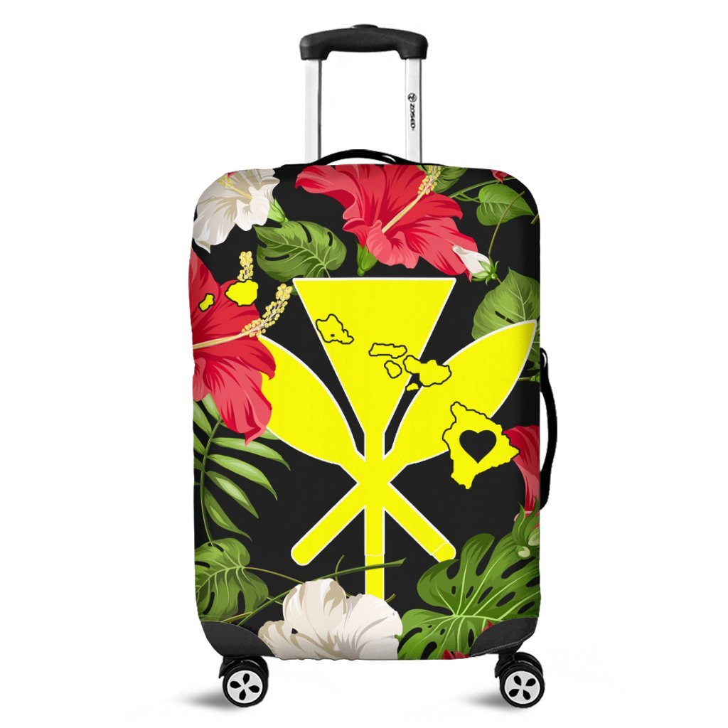 Hawaiian Map Heart Kanaka Hibiscus Polynesian Luggage Covers - AH Black - Polynesian Pride