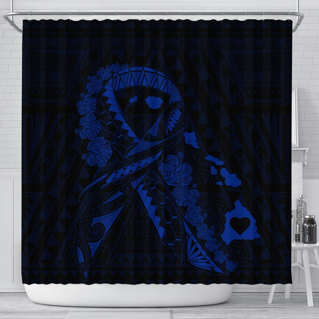 Hawaiian Map Heart Ribbon Cancer Hibiscus Blue Polynesian Shower Curtain - AH 177 x 172 (cm) Black - Polynesian Pride