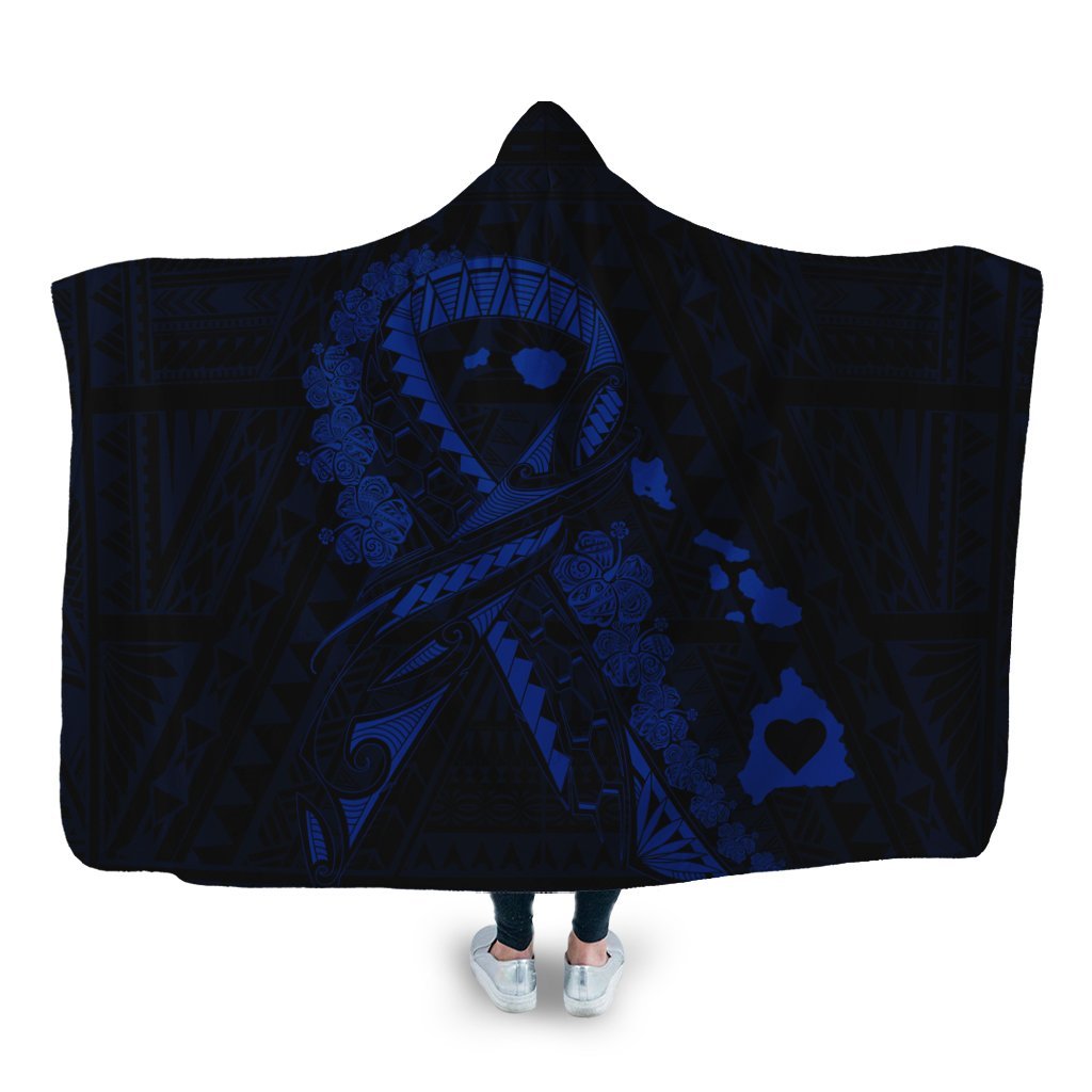 Hawaiian Map Heart Ribbon Cancer Hibiscus Blue Polynesian Hooded Blanket - AH Hooded Blanket White - Polynesian Pride