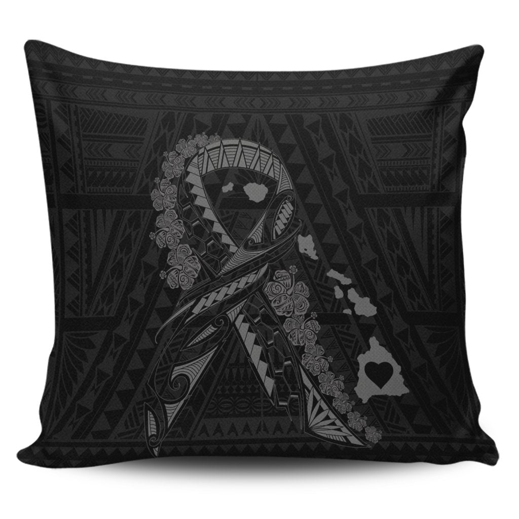 Hawaiian Map Heart Ribbon Cancer Hibiscus Gray Polynesian Pillow Covers - AH Pillow Covers Black - Polynesian Pride