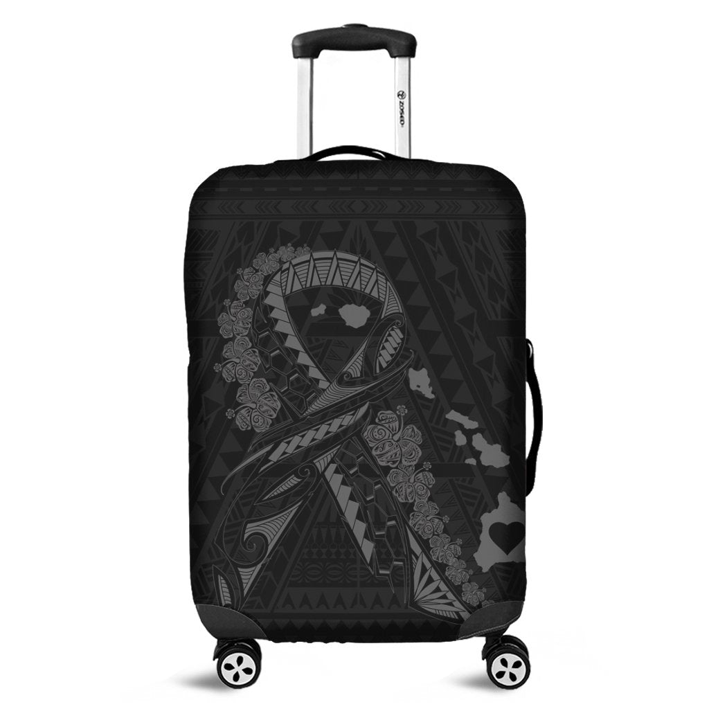 Hawaiian Map Heart Ribbon Cancer Hibiscus Gray Polynesian Luggage Covers - AH Black - Polynesian Pride