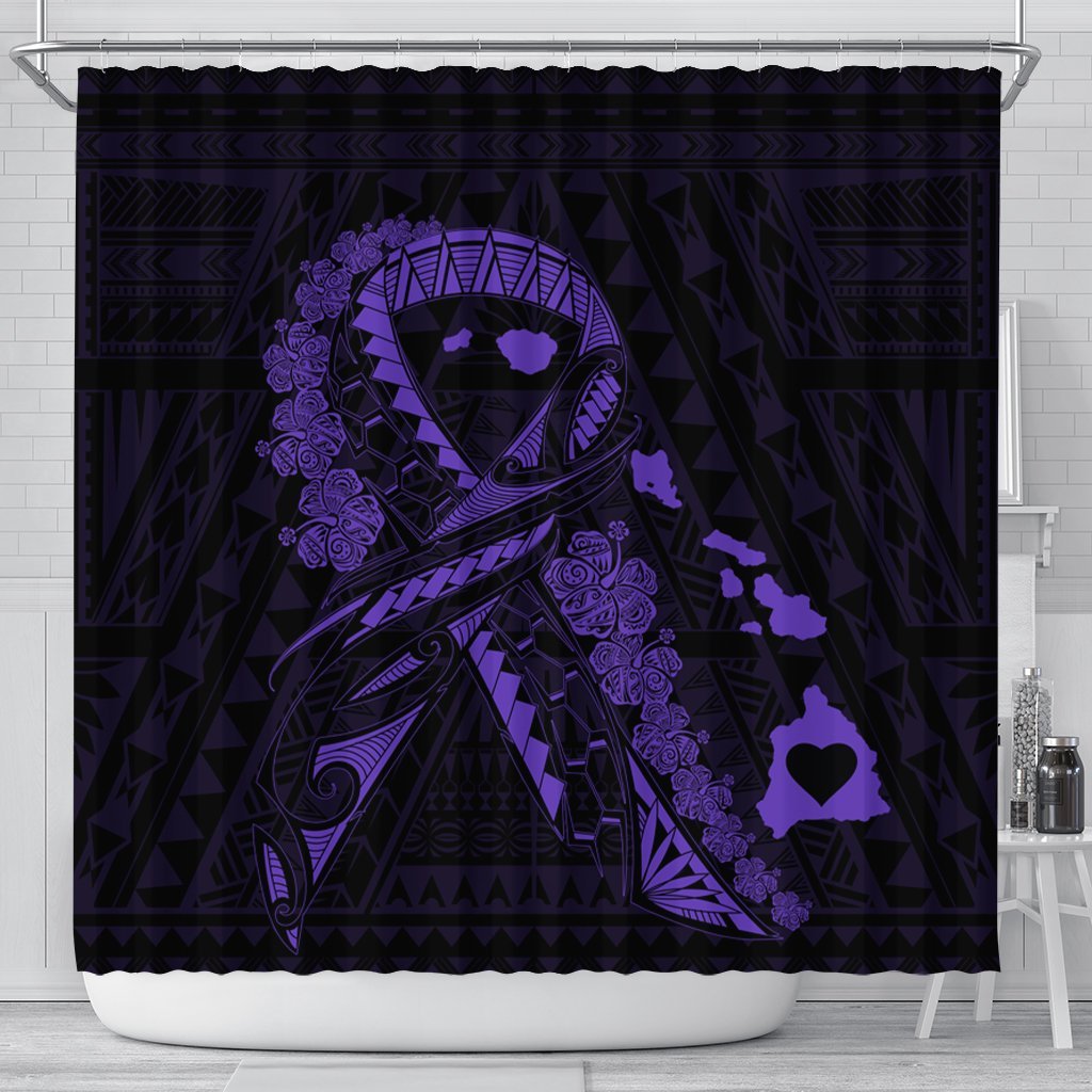 Hawaiian Map Heart Ribbon Cancer Hibiscus Purple Polynesian Shower Curtain - AH 177 x 172 (cm) Black - Polynesian Pride