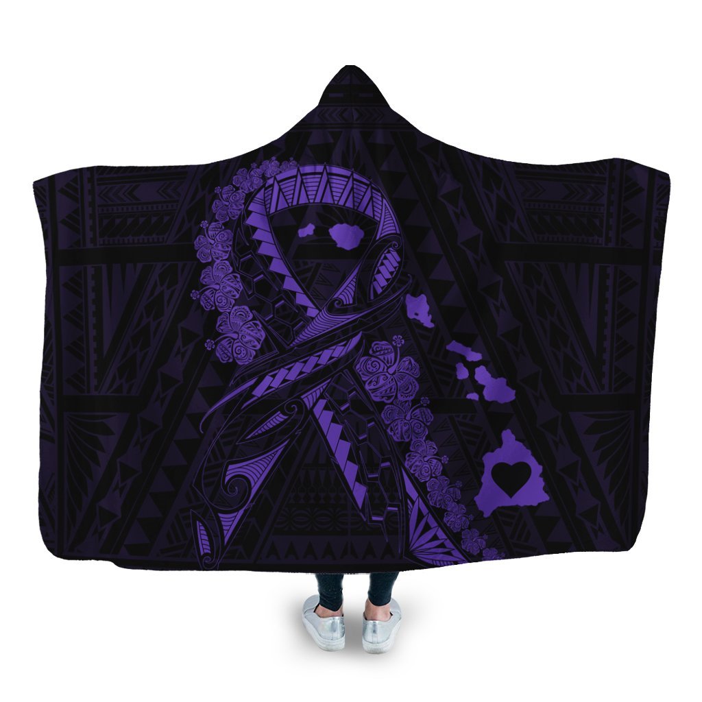 Hawaiian Map Heart Ribbon Cancer Hibiscus Purple Polynesian Hooded Blanket - AH Hooded Blanket White - Polynesian Pride