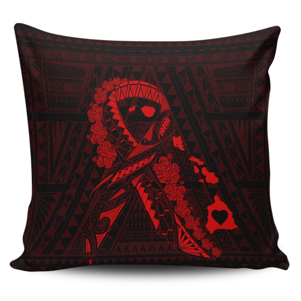 Hawaiian Map Heart Ribbon Cancer Hibiscus Red Polynesian Pillow Covers - AH Pillow Covers Black - Polynesian Pride