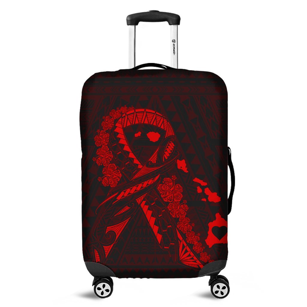 Hawaiian Map Heart Ribbon Cancer Hibiscus Red Polynesian Luggage Covers - AH Black - Polynesian Pride