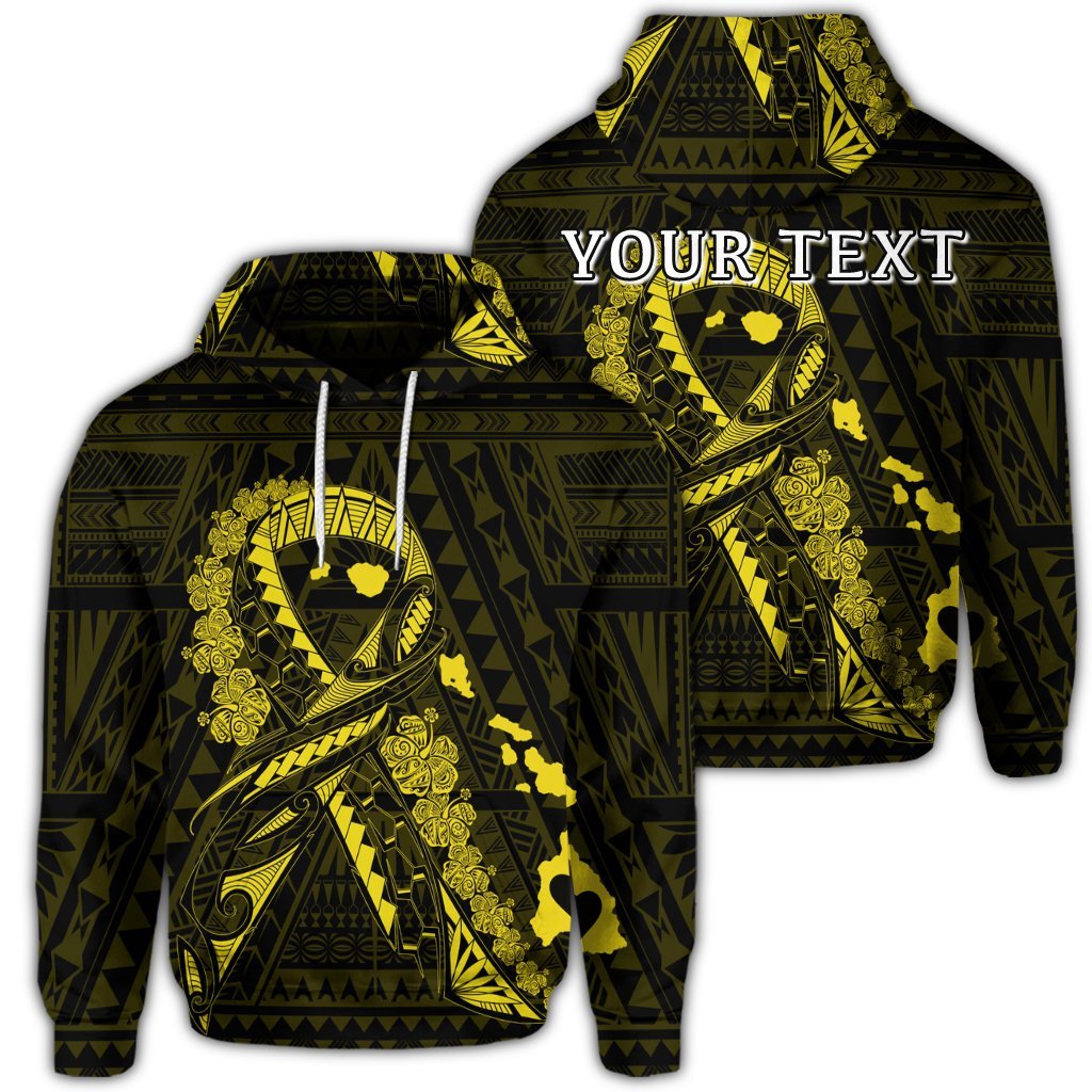 Custom Hawaiian Map Heart Ribbon Cancer Hibiscus Yellow Polynesian Hoodie Unisex Art - Polynesian Pride