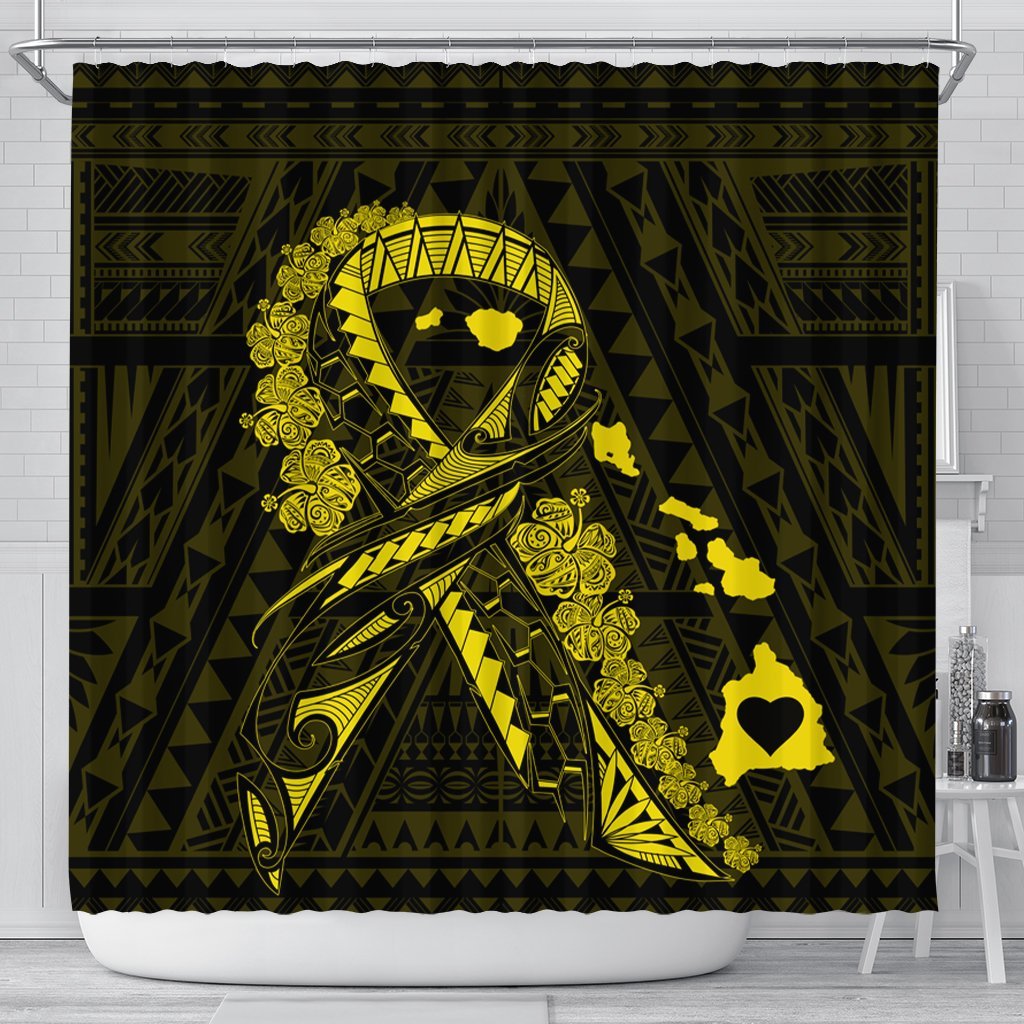 Hawaiian Map Heart Ribbon Cancer Hibiscus Yellow Polynesian Shower Curtain - AH 177 x 172 (cm) Black - Polynesian Pride