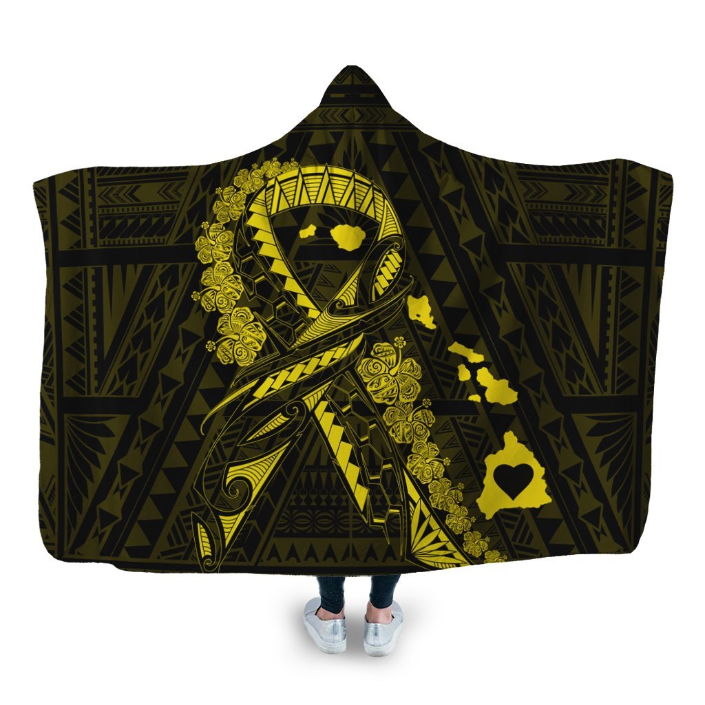 Hawaiian Map Heart Ribbon Cancer Hibiscus Yellow Polynesian Hooded Blanket - AH Hooded Blanket White - Polynesian Pride