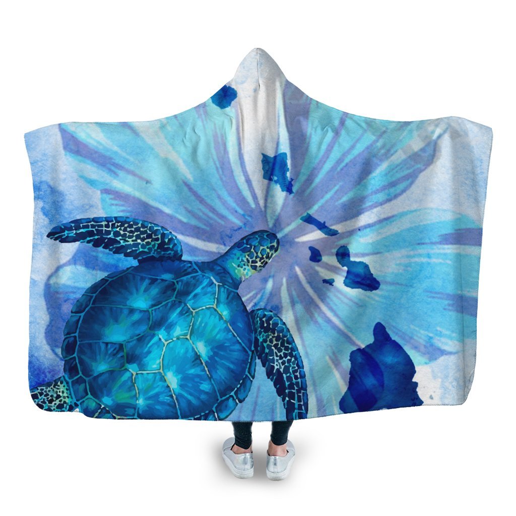 Hawaiian Map Hibiscus Flower Turtle Polynesian Hooded Blanket Blue - AH Hooded Blanket White - Polynesian Pride