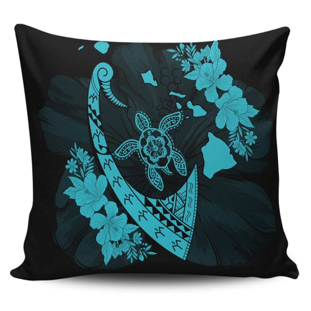 Hawaiian Map Hibiscus Turtle Fish Hook Polynesian Pillow Covers Blue - AH Pillow Covers Black - Polynesian Pride