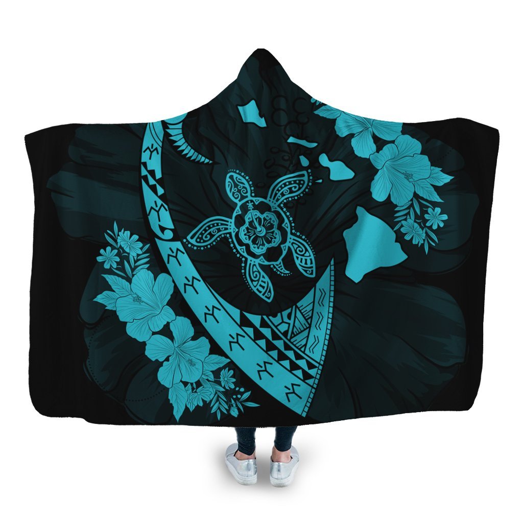 Hawaiian Map Hibiscus Turtle Fish Hook Polynesian Hooded Blanket Blue - AH Hooded Blanket White - Polynesian Pride